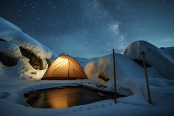 a tent pitched beside a snowy hot spring with stars above