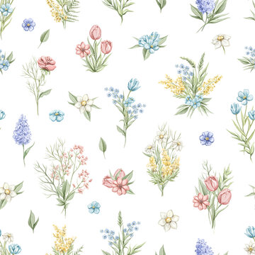 Seamless pattern with vintage various colorful flowers set isolated on white background. Watercolor hand drawn illustration sketch