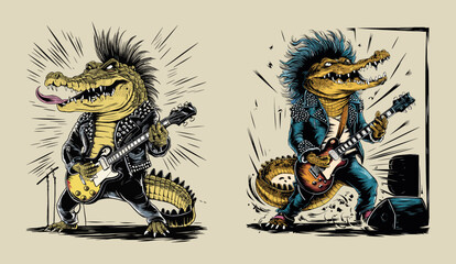 Rockstar crocodile vintage woodcut vector illustration. Generative AI.