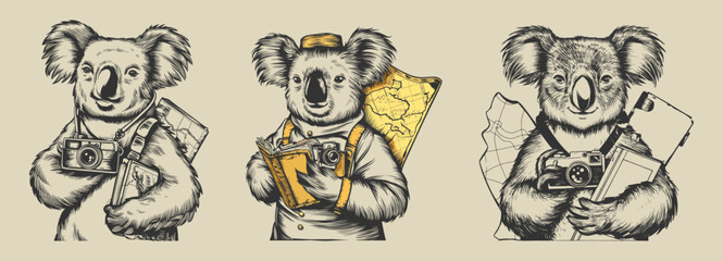 Fototapeta na wymiar Set of koala traveler vintage woodcut vector illustration. Generative AI.