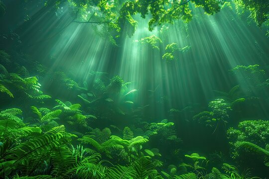 Sunshine breaks through the thick canopy of this beautiful, tropical rainforest, showcasing the richness and vitality of tropical ecosystems. idea of life in a rainforest. Ein Wald, durchfluted von de