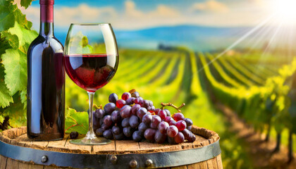 Close-up of a bottle of red wine, glass of red wine, bunch of ripe red grapes above an old wooden...