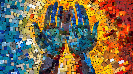 Stained Glass Window Depicts Prayer Hands In Colorful Mosaic - obrazy, fototapety, plakaty