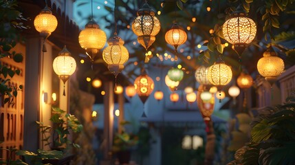 Obraz na płótnie Canvas Homes adorned with lantern lights for a cozy atmosphere ai image
