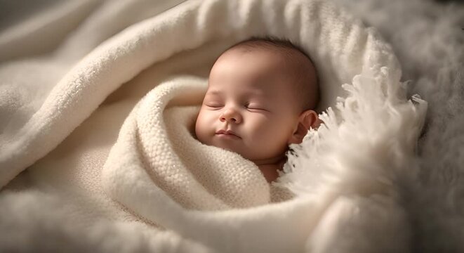 A tiny baby sleeps peacefully in its bed, wrapped in a soft blanket.