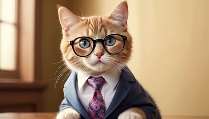 An adorable ginger cat dressed in a business suit and glasses, humorously imitating a professional, adds charm to any pet-related content