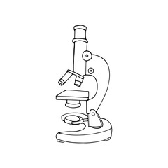 Hand-drawn lab microscope to magnify bacteria size under the lens. Isolated simple vector illustration in doodle style.