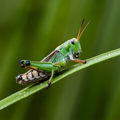 Fototapeta premium Grasshopper on a green leaf, shows its intricate body patterns in the natural environment