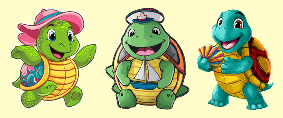 Obraz premium Set of adventure sea turtle mascot vector illustration. Generative AI
