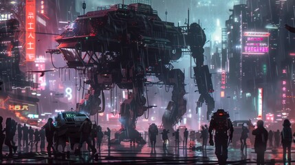 Cyberpunk concept. Huge robot on the street, layout like a movie poster, cinematic, beautiful mechanics, dramatic atmosphere