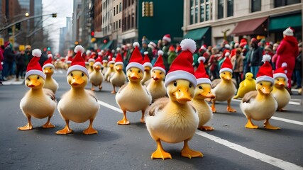 A humorous holiday parade with waddling ducks donning miniature Santa hats; an animal Christmas procession