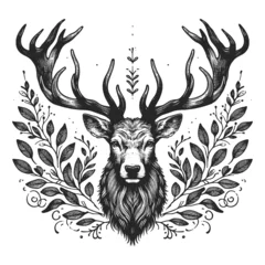 Fotobehang Stag deer with horns Antlers and Foliage sketch engraving generative ai fictional character raster illustration. Scratch board imitation. Black and white image. © Oleksandr Pokusai