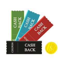 Set of 3D Cash Back Coupon isolated transparent background. 3D Discount Voucher in trendy Minimalism style with dollar coin. Vector illustration can used web Sale design. Fair template element. 