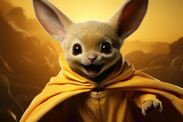 Fotobehang A baby kangaroo in a superhero cape, leaping across a yellow background with boundless energy. © Animals