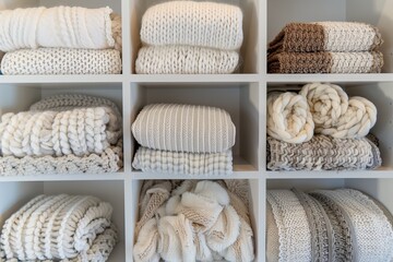 a series of cube shelves filled with different textured baby blankets - obrazy, fototapety, plakaty