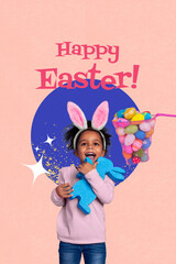 Composite collage image of funny cute child girl hold net collect eggs easter concept weird freak...