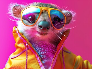 Bright and vibrant 3D animal in summer sport gear, closeup, dynamic pose