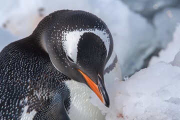 closeup of a penguin preening feathers, ice surrounding - Powered by Adobe