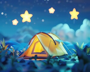 Tent under cartoon stars, 3D summer camping, macro view, clear space for text