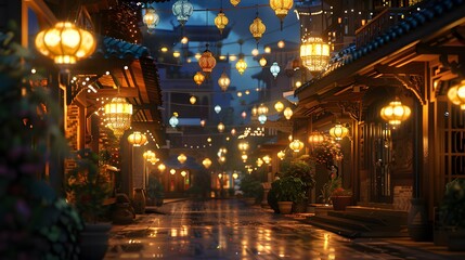 Fototapeta na wymiar Streets and neighborhoods adorned with lantern lights for festive charm ai image