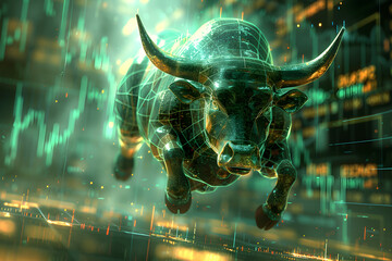 Stock market bull trading up. Symbolizing rising stock market, green colored. Concept of wall street business, bull market trader, crypto currency trading. 
