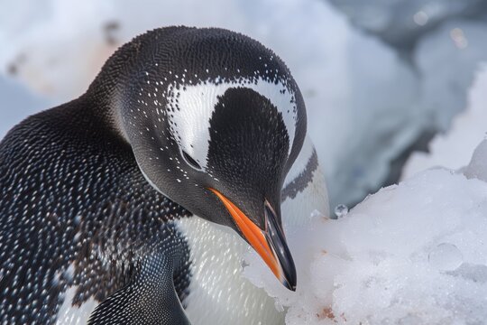 closeup of a penguin preening feathers, ice surrounding