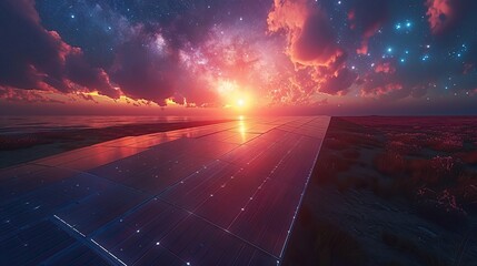 Surreal landscape with solar panels under a starry sky at sunset. Environmental and renewable energy concept for poster and advertisement design. Wide-angle scenic shot - obrazy, fototapety, plakaty