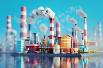 3D, factory with smog, cartoon pollution problem, clear backdrop