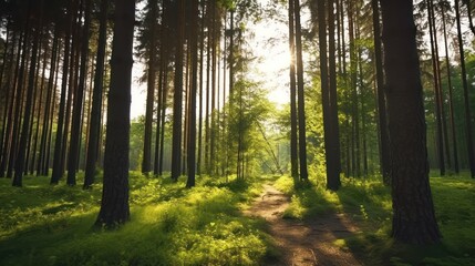 forest trees. nature green wood sunlight backgrounds. AI-generated