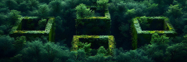 Green design trigonometry linear,
a fantasy maze in jungle high walls of concrete - obrazy, fototapety, plakaty