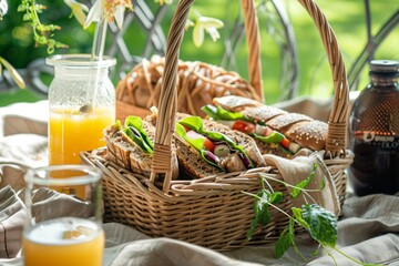 picnic scene with basket, artisan sandwiches, and natural juices - obrazy, fototapety, plakaty