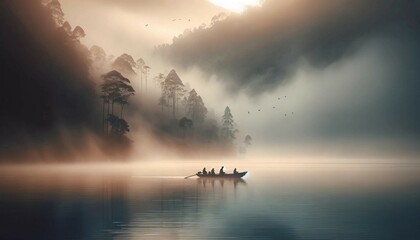 Quiet Lakeside Morning Fog Generative AI
