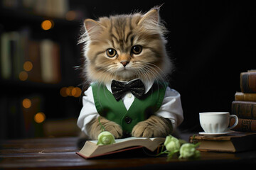 A cute cat dressed in a tiny bow tie and suspenders, sitting on a green background while holding a miniature book with its paw.