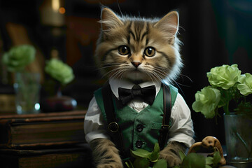 A cute cat dressed in a tiny bow tie and suspenders, sitting on a green background while holding a...