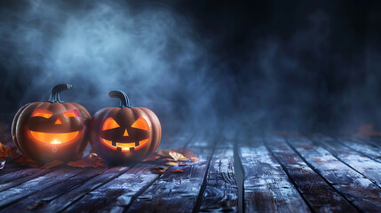 One spooky halloween pumpkin, Jack O Lantern, with an evil face and eyes on a wooden bench, table with a misty gray coastal night background  - obrazy, fototapety, plakaty