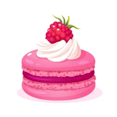 Poster Vector yummy French dessert macaron with raspberry flavor decorated cream and whole raspberry.  © Elen_Art