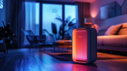 Fotobehang Glowing air purifier in dark room Fight dust and pollen © komgritch