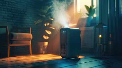 Glowing air purifier in dark room Fight dust and pollen - obrazy, fototapety, plakaty