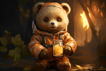 A cute brown bear cub in overalls, holding a honey jar on a brown background.
