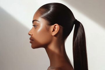 Side profile of a woman's elegant sleek ponytail under soft lighting