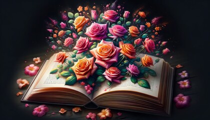 Illustrated Roses Blossoming from Open Book Combining Literature and Nature