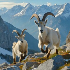 Obraz premium Close up A playful depiction of mountain goats frolicking among rocky terrain, their agile movements captured with a sense of whimsy and charm, against a backdrop of snow-capped mountains