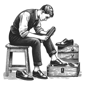 recommend clip art: young man shining shoes, seated beside a box of footwear sketch engraving generative ai fictional character raster illustration. Scratch board imitation. Black and white image.