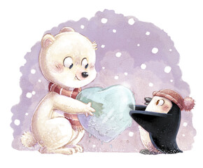 Polar bear and penguin with ice heart