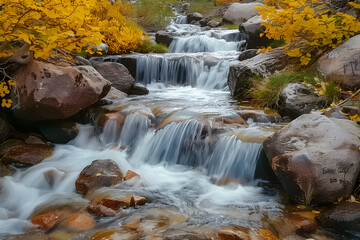 a gently flowing mountain stream cascading over rocks surrounded