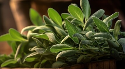 Bunch of fresh organic sage. Salvia officinalis. Sage leaves on old wooden table close-up. Garden sage.