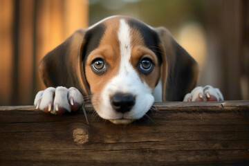 A curious beagle pup with soulful eyes peering through a wooden fence, nose pressed against the gaps, capturing a moment of innocent exploration and yearning. - obrazy, fototapety, plakaty
