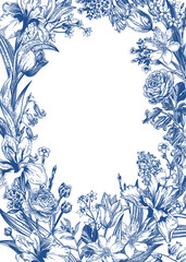 Floral card. Frame with garden flowers. Botanical illustration.  Blooming. Blue drawing.