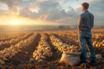 Farmer standing on the field with freshly dug potatoes at sunset with copy space.  Agriculture farm food. Growing organic vegetables in the farm. 