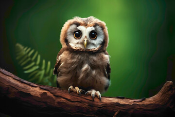 A curious baby owl perched on a wooden branch, its round eyes staring directly at the camera, set against a deep green background. - obrazy, fototapety, plakaty
